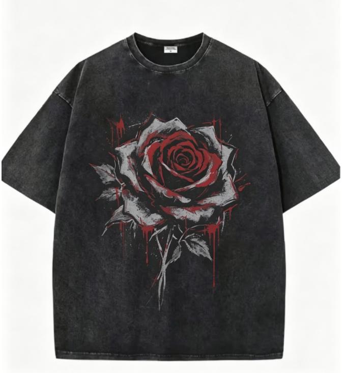 

Unisex Dark Rose Graphic TShirt Vintage Washed Black Oversized Tee Gothic Print Streetwear Casual Tops S