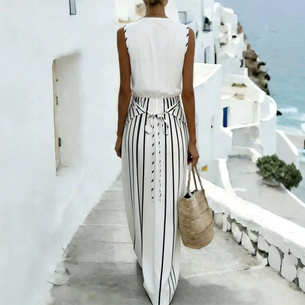 2026 popular European and American French striped cross strap V-neck vacation style sleeveless loose dress