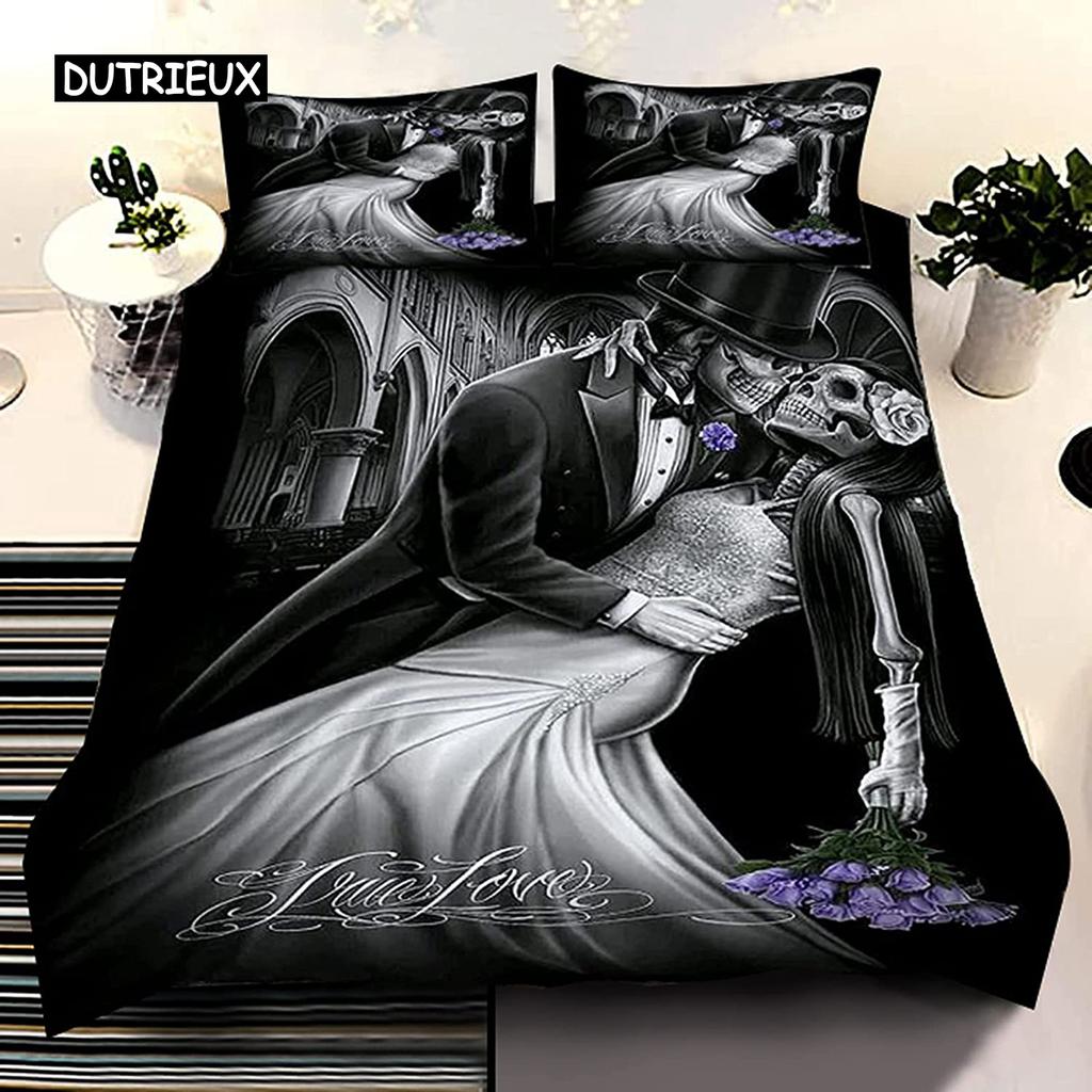 Skull Duvet Cover Set Queen 3 Pcs Black Halloween Bedding Soft Microfiber Comforter Cover Set Beauty Pattern Decor