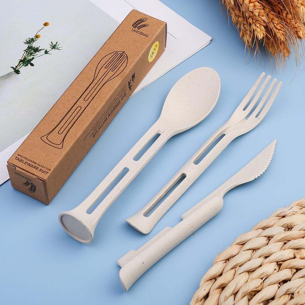 3-piece portable tableware set, made of wheat straw, detachable knives and forks, travel tableware, picnic tableware set, campin