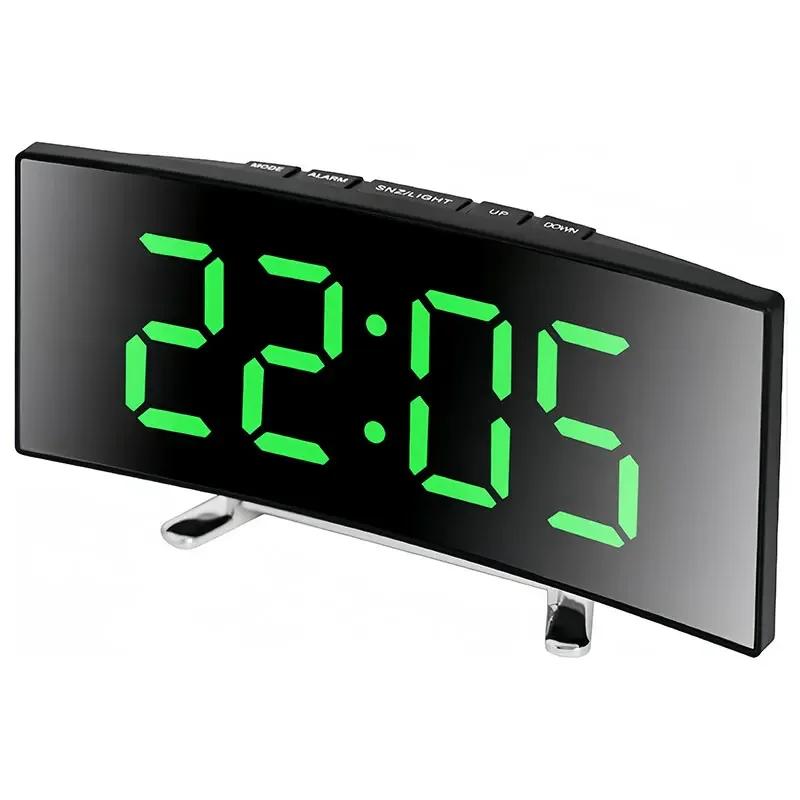 Creative Curved Electronic Clock LED Large Screen Mirror Alarm Clock Students Silent Multifunctional Desktop Clock Ornament