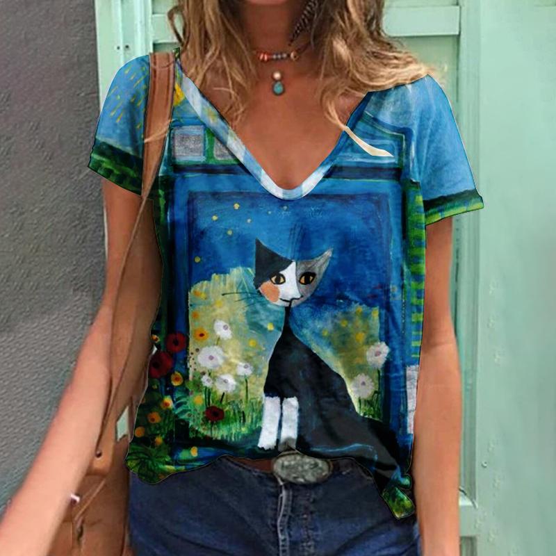 2023 Women T-Shirts Butterfly Y2k Female Tops Clothing Summer 3D Short Sleeve Print Tees Harajuku Kawaii Oversized Loose V Neck T Shirts