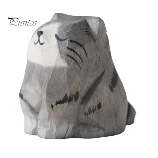 Utskåret tre kattefigur Håndlaget treskjæring Kunst Kattunge Statue Små dyr Skulptur Hjemmekontor Skrivebordsdekorasjon Ornament