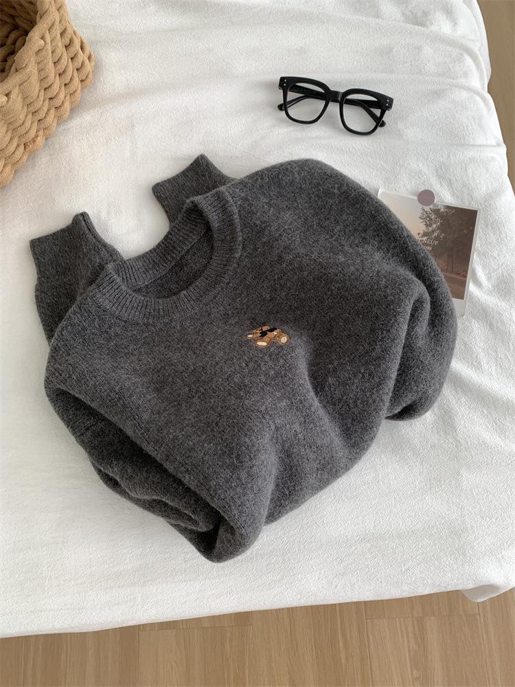 Korean Embroidered Bear Knit Sweater, Soft & Warm for Autumn/Winter