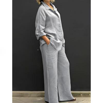 Women Linen Casual Shirt 2 Pieces Set Fashion Lapel Long Sleeve Button Blouse And Trousers Outfits Loose Wide Leg Pants Suits