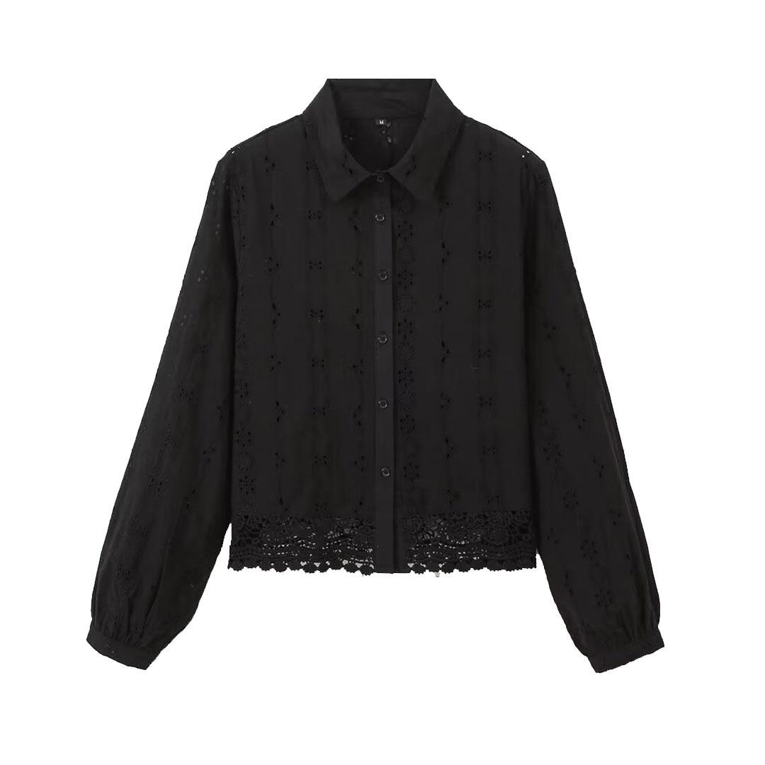 

2024 Autumn Women s Fashion: European & American Style Embroidered Long Sleeve Shirt S чёрный