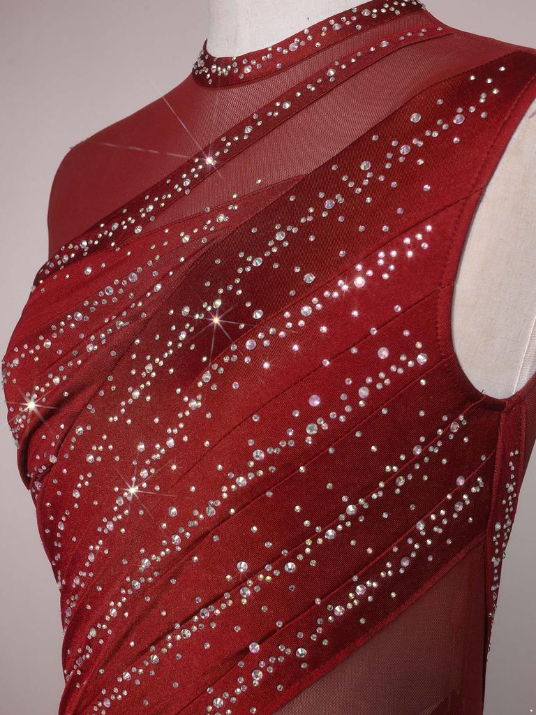 Womens Gymnastics Ballet Lyrical Dance Leotard Dress Rhinestone Embellished Mesh Skirt Dress Modern Contemporary Dance Costume