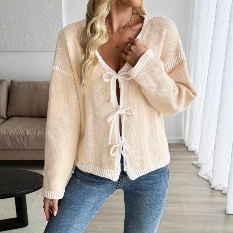 Casual Knitted Cardigan 2025 Autumn New Contrast Color Sweater Jacket for Women