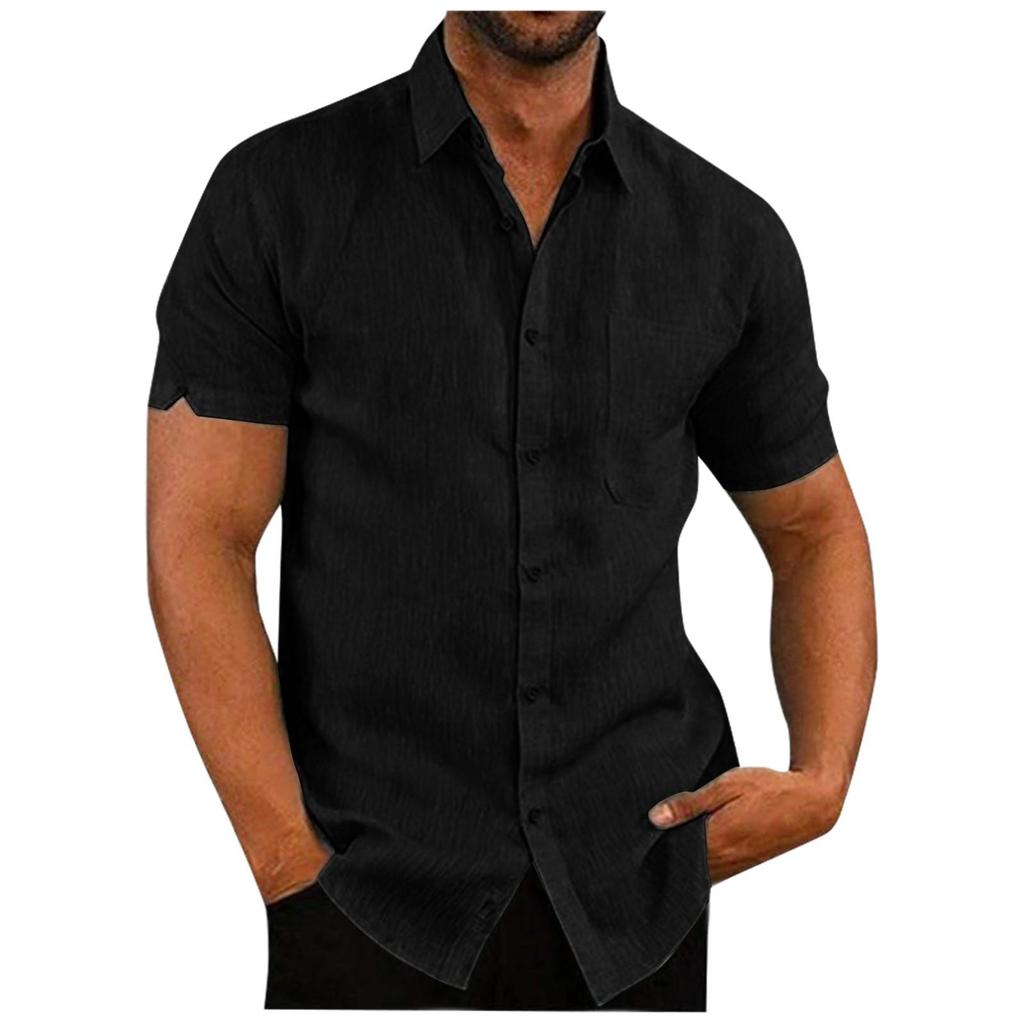 Men's Spring Summer Casual Solid Color Cotton Loose Lapel Short Sleeve Men's Shirt Men's Tops