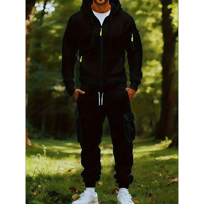 Mens Casual Tracksuit Set Solid Color Hooded Sweatshirt Multi-Pocket Zip Jogger Pants American Style Sportswear