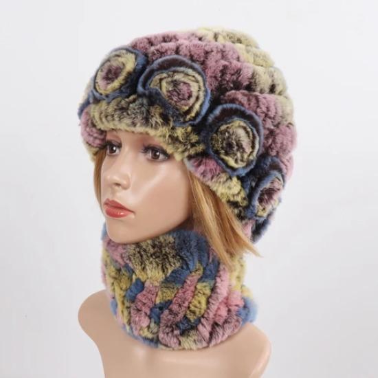 New Good Elastic Lady Winter Rex Rabbit Fur Hats Scarves Knitted Women Natural Fur Caps Scarves Sets 2 Pieces Hats Mufflers
