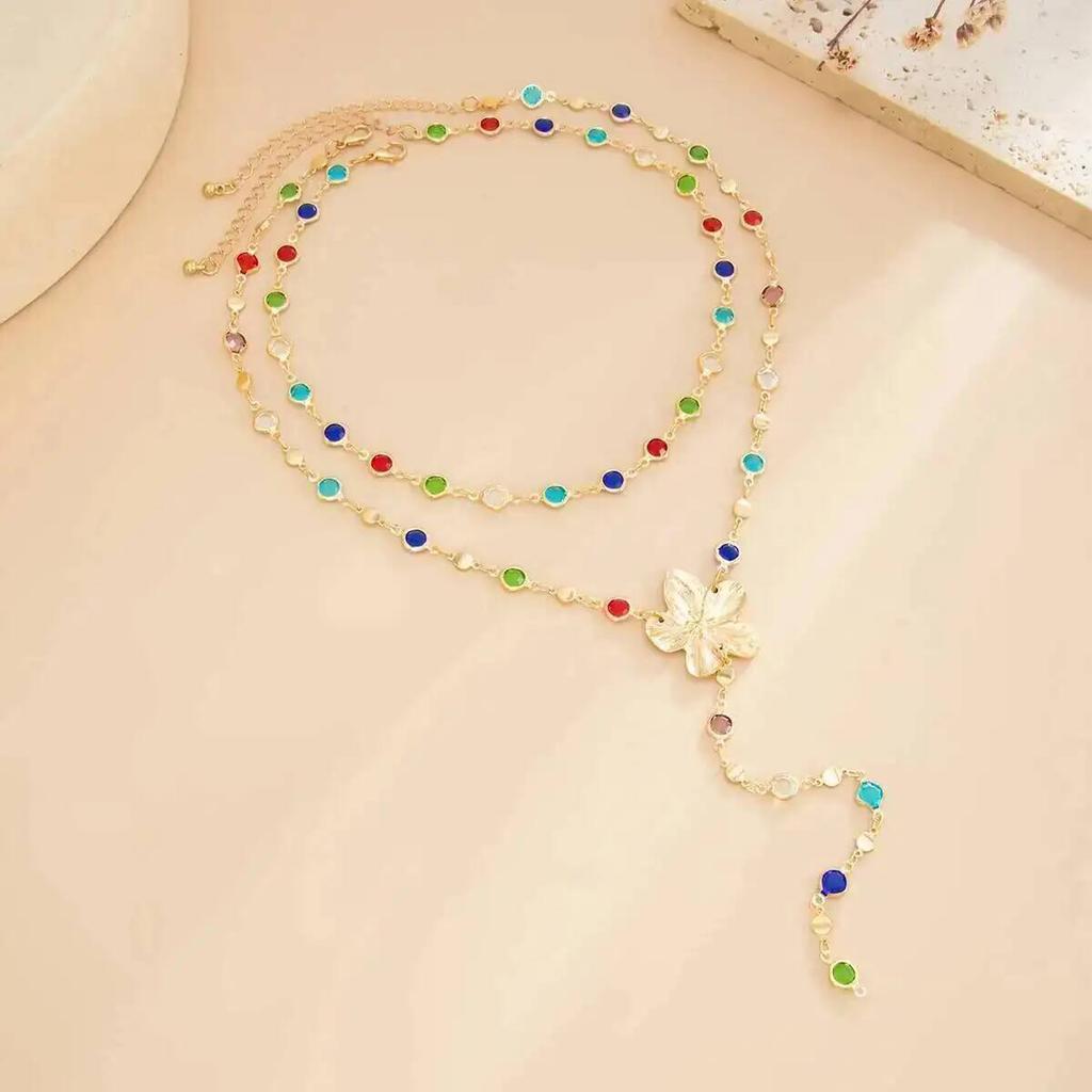 SHIXIN Boho Sexy Colorful Crystal Long Y-Shaped Necklace Women Y2K Aesthetic Metal Clavicle Chain Gold Color Neck Jewelry Gifts