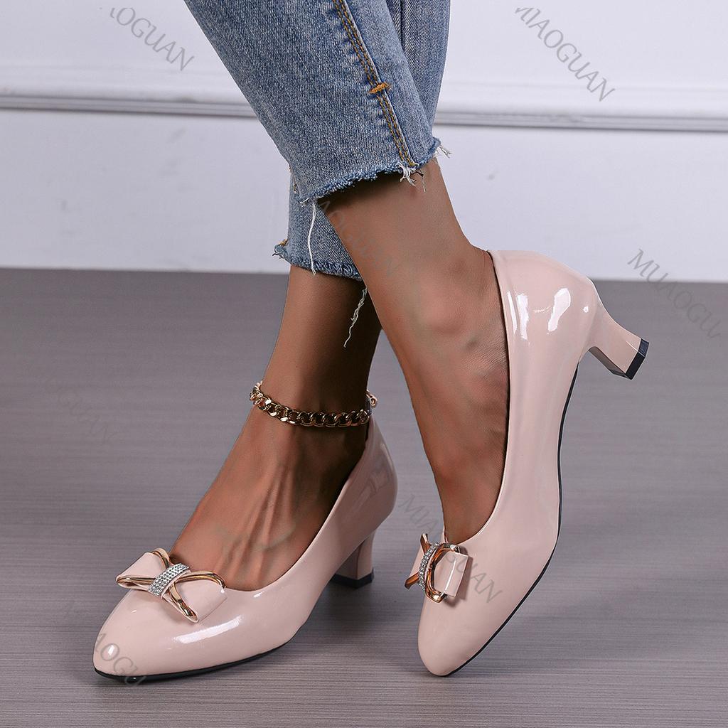 Fashion Spring and Autumn New Bow High Heels Shallow Mouth Single Shoes Pointed Women's Shoes Casual Thick Heeled Female Dress Pumps