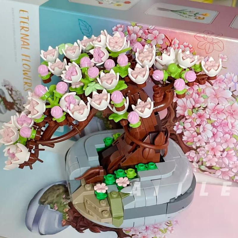 Mini Pflanze Bonsai Baustein Blume Pflanze Kirschblütenbaum Topfpflanze Strauß Modell Steine Heimdekoration Spielzeug für Kinder Geschenke