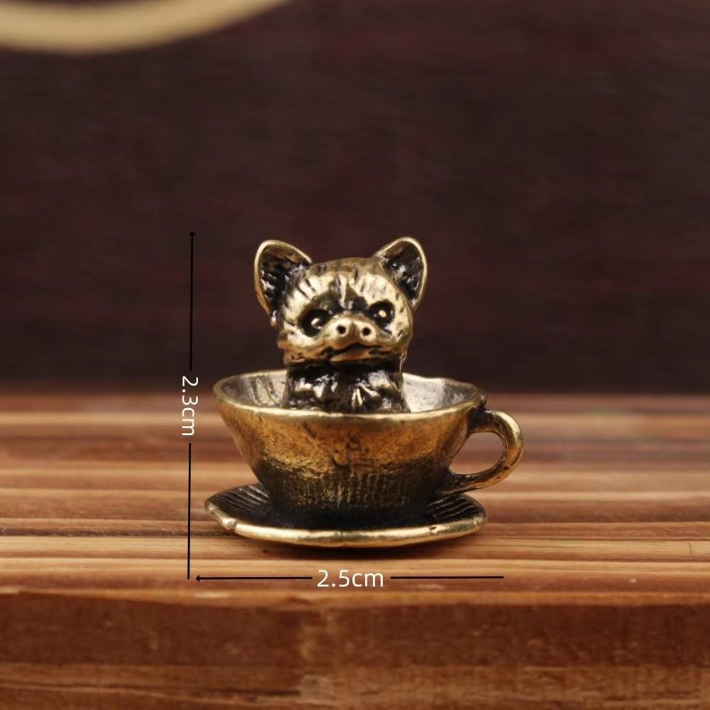 2pcs Exquisite Mini Coffee Cup Pet Figurines Brass Copper Carving Coffee Cup Pet Statue Cat Dog Sculpture Desk Ornaments