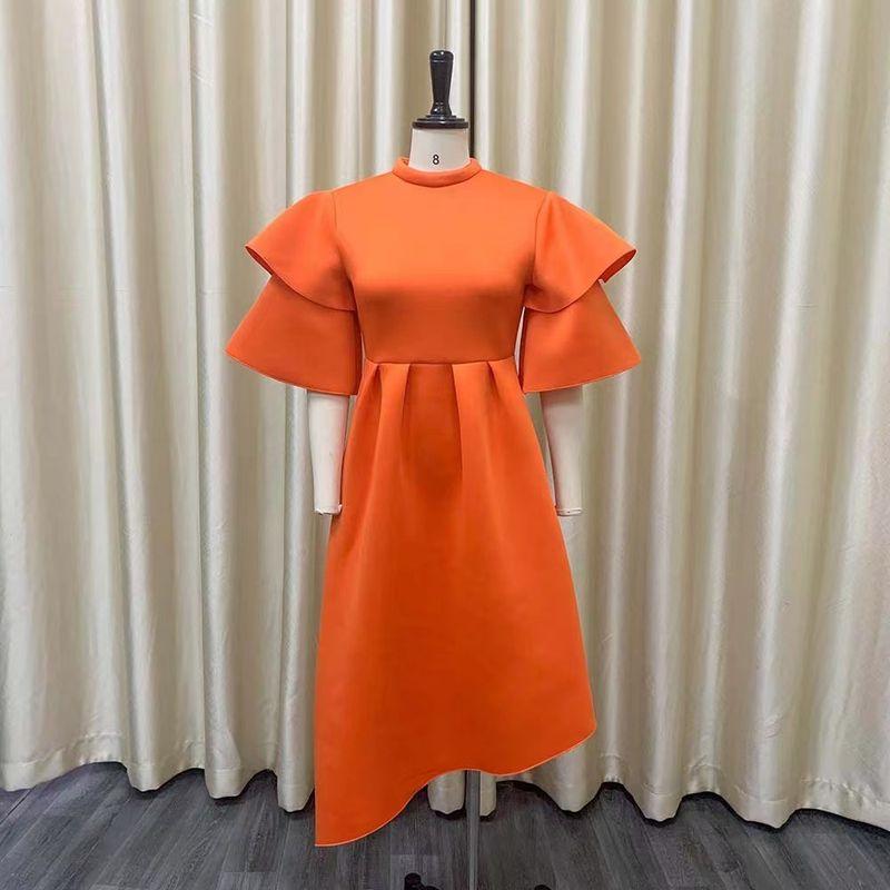 

Fashion New Arrival Double Layer Lotus Leaf Sleeve Dress Pure Color Formal Swing Dress Lotus Leaf Sleep Dress Orange S