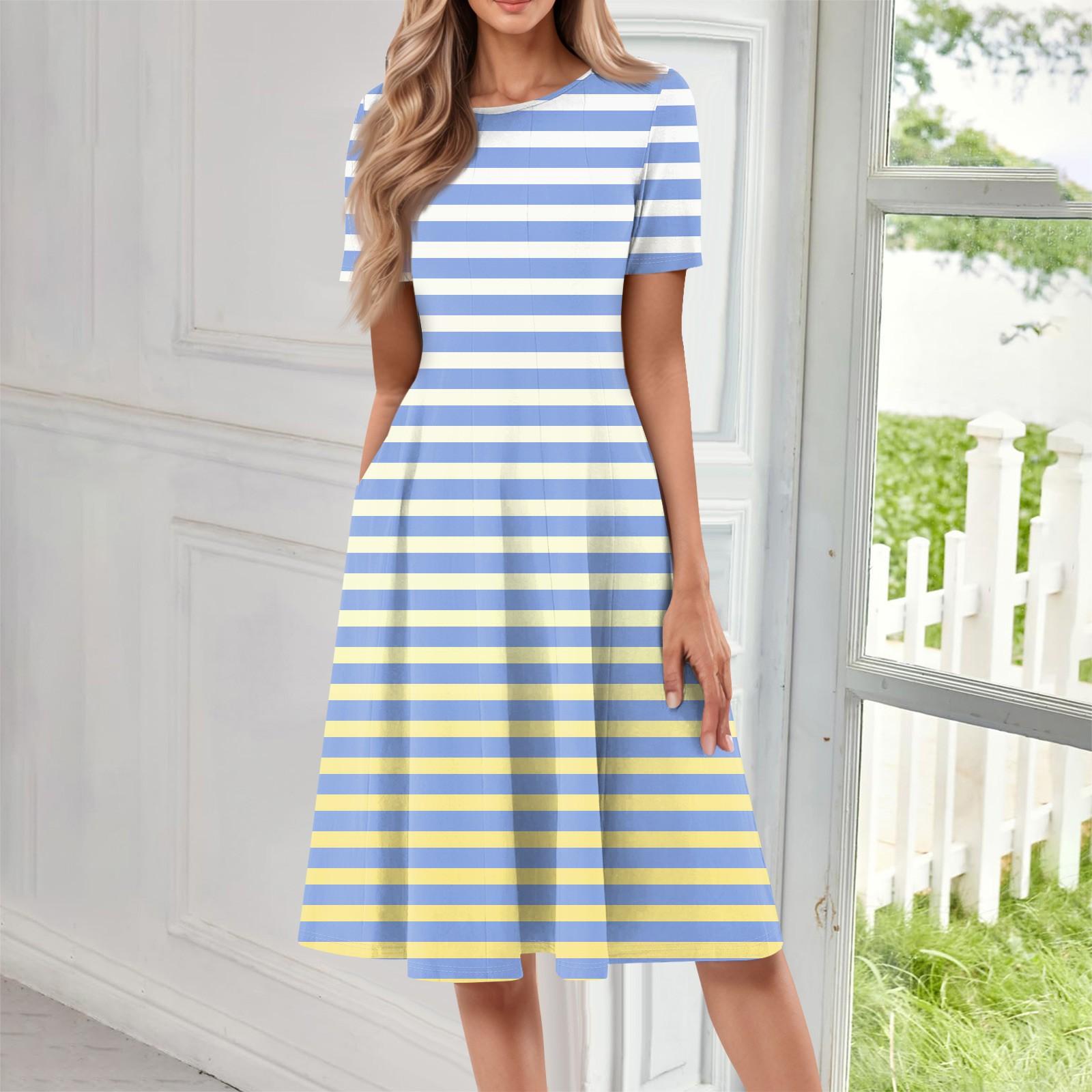 

Жіноча вільна повсякденна та модна сукня середньої довжини з круглим вирізом і короткими рукавами з принтом XXXL