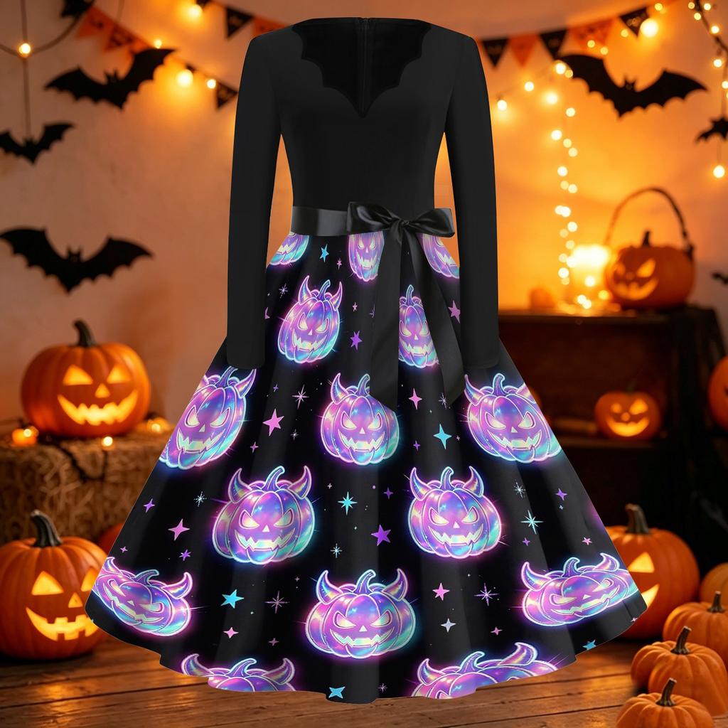 Women's Casual Halloween Print V Neck Vintage Dress Long Sleeve Retro Style Midi Dress with Waist Tie for Seasonal Wear