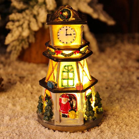 Christmas Village House Figurine LED Light Up Clock Tower Ornament Resin Tabletop Decoration for Holiday Winter Home Decor