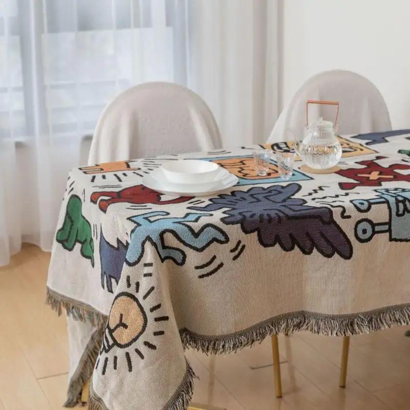 New Graffiti Colored Tassel Edge Sofa Towel Simple Anti Slip Thick Cover Blanket Seasonal Universal Couch Decoration Dust Covers