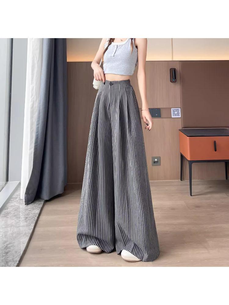 Women's Summer Ice Silk Striped Wide-Leg High-Waisted Pants - Thin, Slimming, Loose, Floor-Length, Casual Straight-Leg.