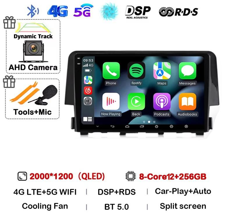 Android 14 Wireless Carplay Auto For Honda Civic 2016 2017 2018 2019 2020 Car Radio Stereo Multimedia Player GPS 4G+WIFI DSP