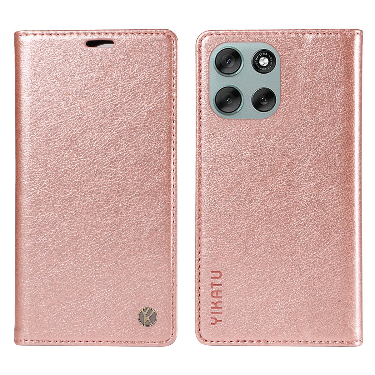 

For Motorola Moto G56 5G Wallet Case YIKATU YK-006 Magnetic Closure Leather Phone Cover Litchi Texture Rose Gold
