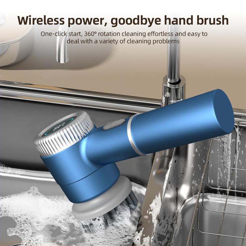 Electric Cleaning Brush Set Portable Cordless Electric Spin Scrubber Waterproof 3 Speeds Digital Display with 5 Brush Heads