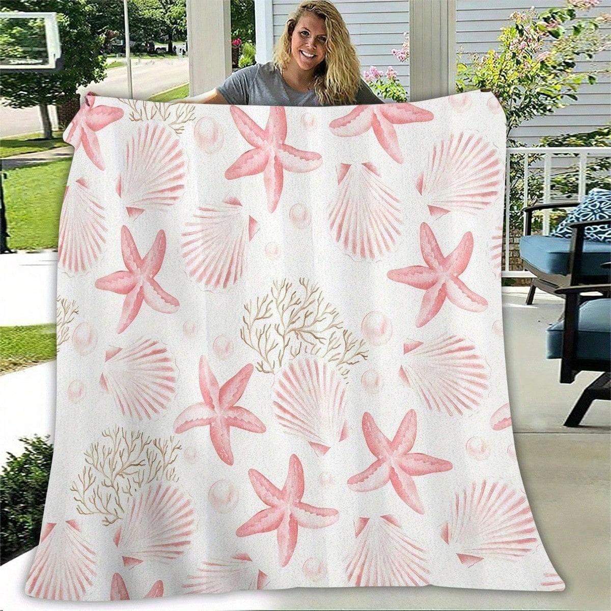 1pc Pink Seashell Starfish Flannel Blanket, 2D Watercolor Ocean Print Throw, All Season Soft Fleece Blanket for Bedroom, Living 75X95CM