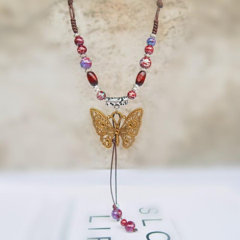 Concubine Butterfly Ethnic Style Ceramic Long Sweater Chain Female Antique Pendant Retro Chinese Style Butterfly Necklace