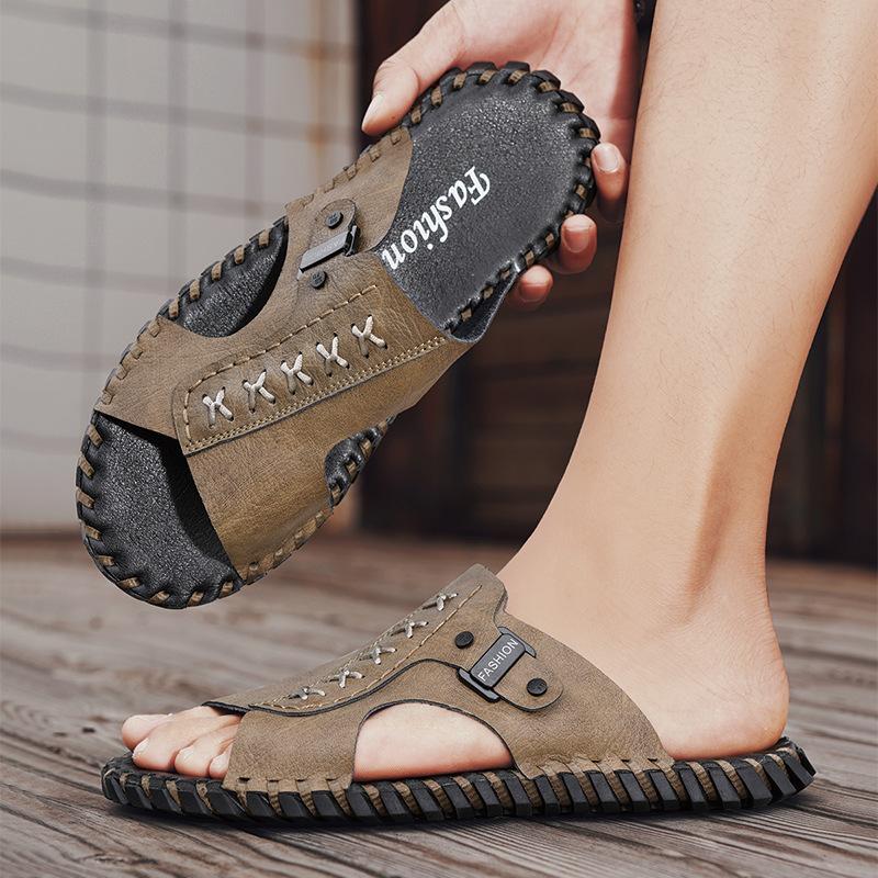 

Leather one-word slippers summer cool slippers outdoor deodorant non-slip wear-resistant beach shoes 48 хакі