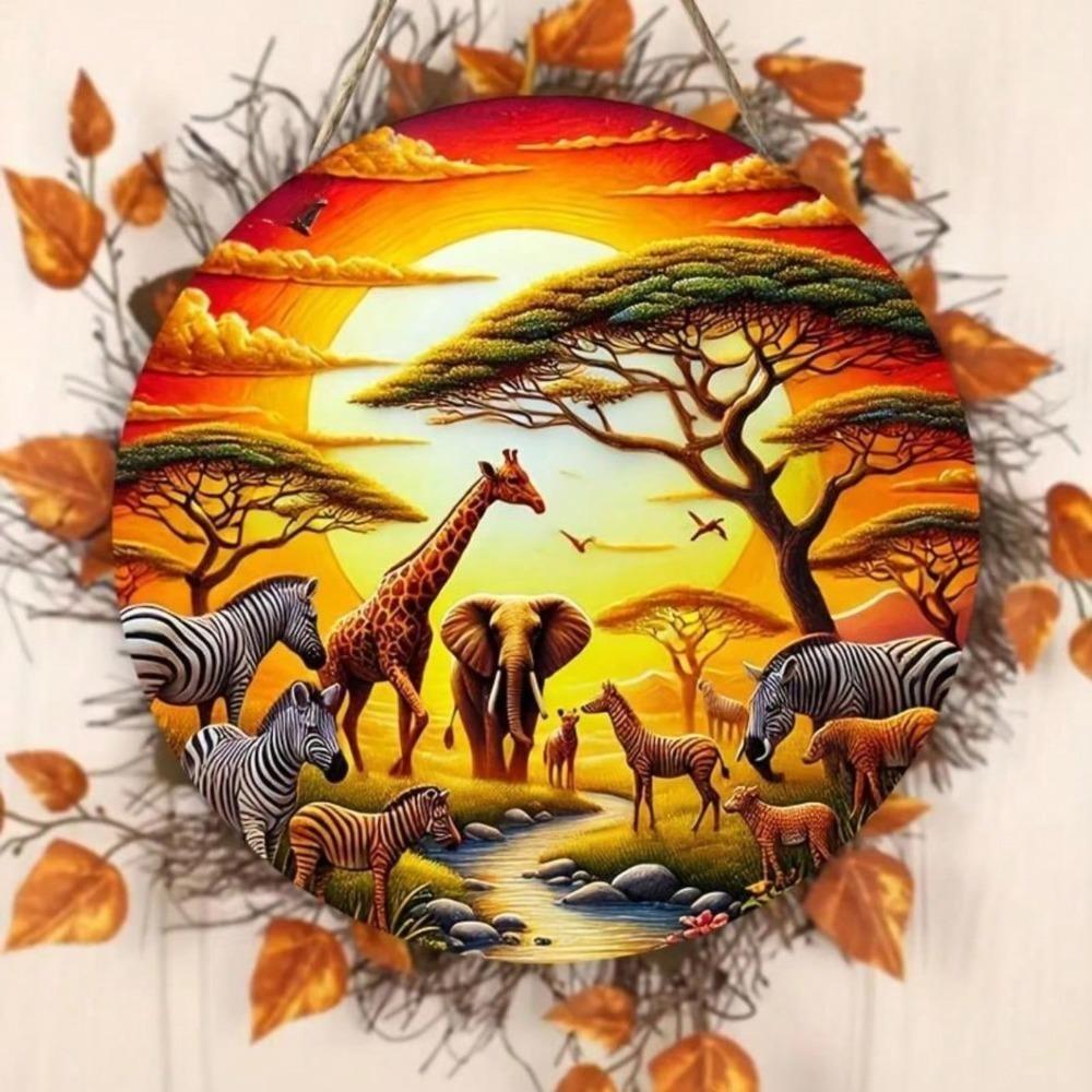 African Wildlife Round Metal Wall Art Decor for Living Room Garden Home