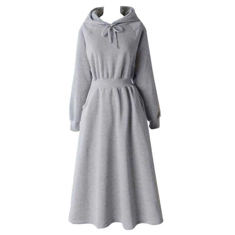 Plus Size Women's Autumn/Winter Plush Hooded Dress with Waist-Cinch, Ankle-Length, Slimming Fit