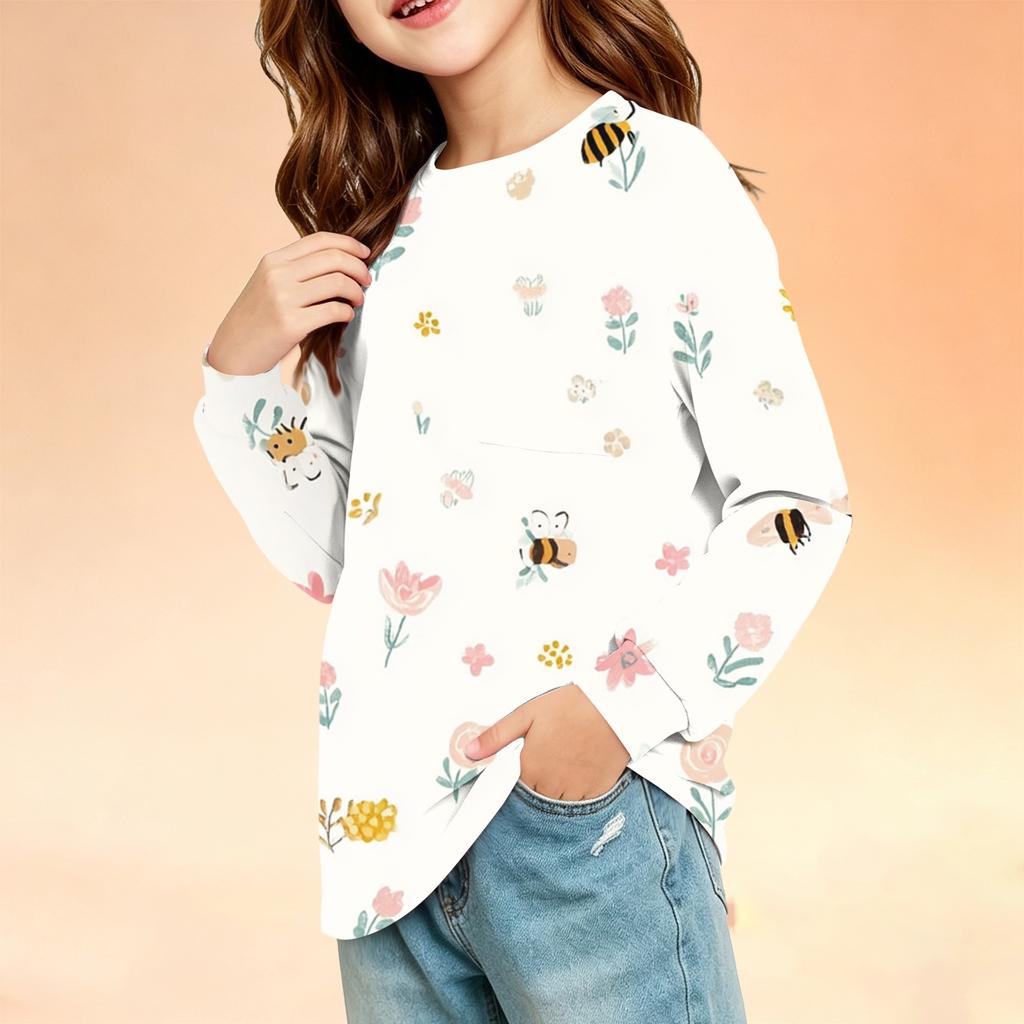 Kids Long Sleeve Printed Round Neck T-Shirt with Pocket Casual Top