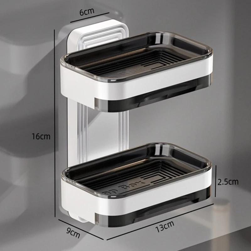 Wall Mounted Double Layer Soap Box Bathroom Soap Rack Punch-Free Bathroom Rack Drawer Draining Holder Sponge Storage Box