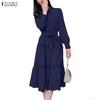 ZANZEA Women Casual Turn Down Collar Long Sleeve Loose Dress