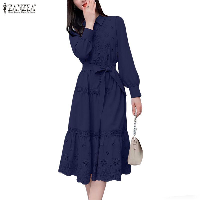 ZANZEA Lässiges Damen-Kleid mit Umlegekragen und langen Ärmeln