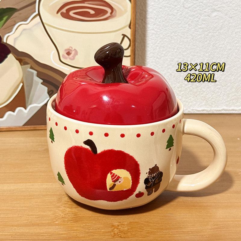 

Cute Breakfast Cup with Lid Spoon In Office Drinking Water Couple Water Cup Birthday Gift Women Apple Ceramic Cup Mug 420ml