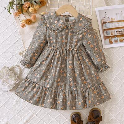 Children's Clothing Girls Autumn Peter Pan Collar Printed Long Sleeve Dress Fashion Casual Dresses Kids Floral Skirt