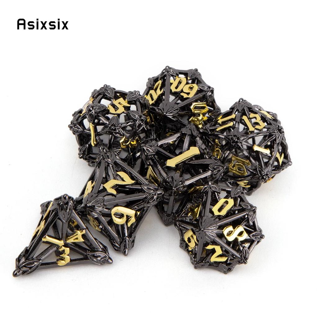 7 Pcs Black Golden Leaf Flower Metal Dice Hollow Metal Polyhedral Dice Set Suitable for Role-Playing RPG  Board Game Card Game