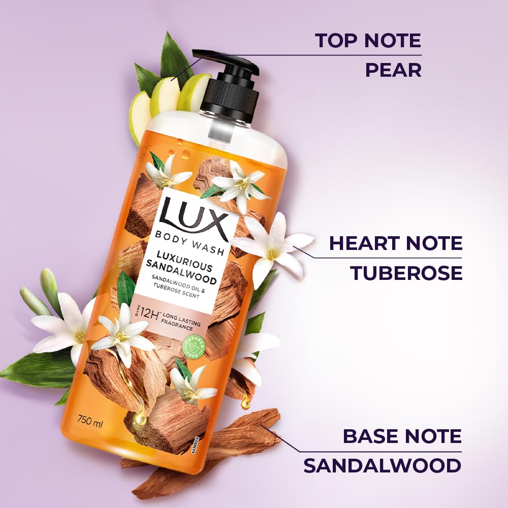 Lux Sandalwood Oil And Tuberose Scent Body Wash 750 Ml | Luxurious Moisturizing Bath Gel For Soft Skin And Long Lasting Floral Fragrance