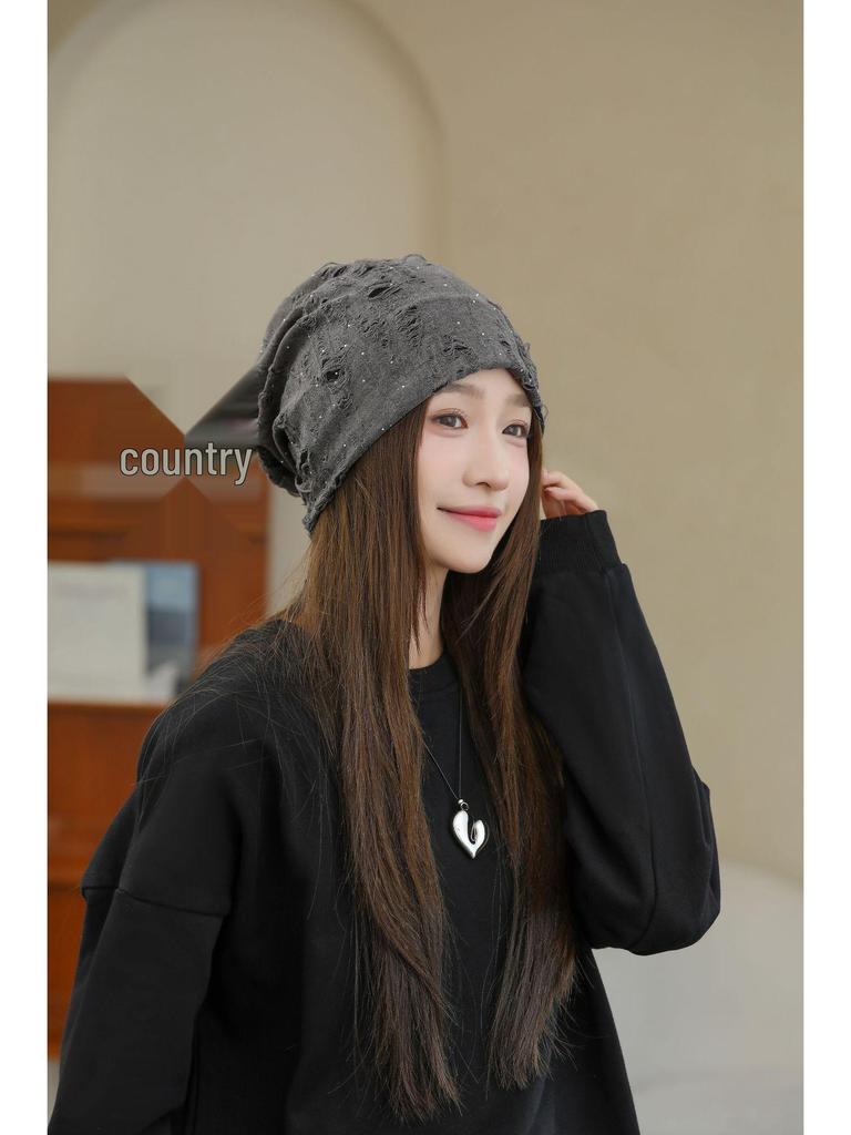 Versatile Rhinestone Loose Beanie for Women - Breathable, No Makeup, Large Head Fit, Fashionable Autumn Winter Head Wrap