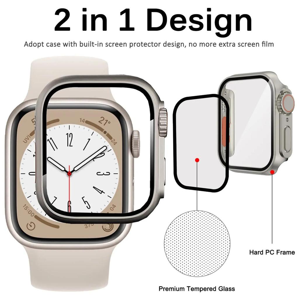 Glass+Case for Apple Watch 44mm 45mm 41mm 40mm 42mm 38mm Screen Protector Cover Change Ultra Bumper iWatch Series 9 8 7 SE 6 5 3