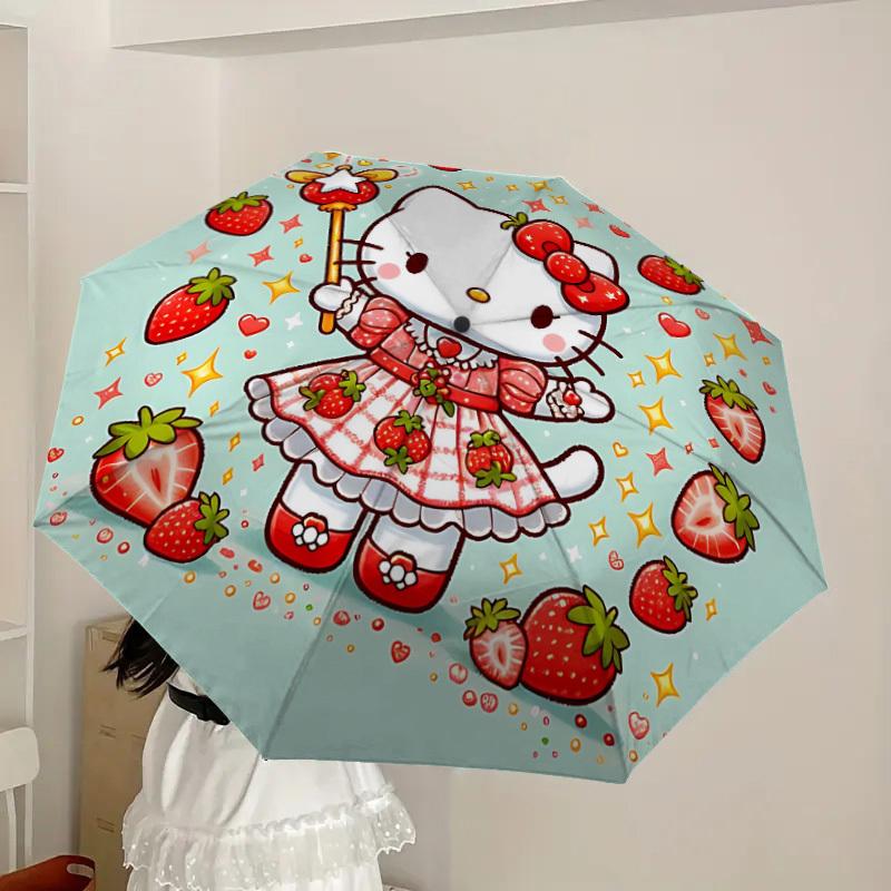 1PC Strawberry Hello Kitty Automatic Folding Umbrella | Vibrant Motif & Compact Design for Everyone, On-the-Go Essential - Gift-Worthy Style Yy2509300