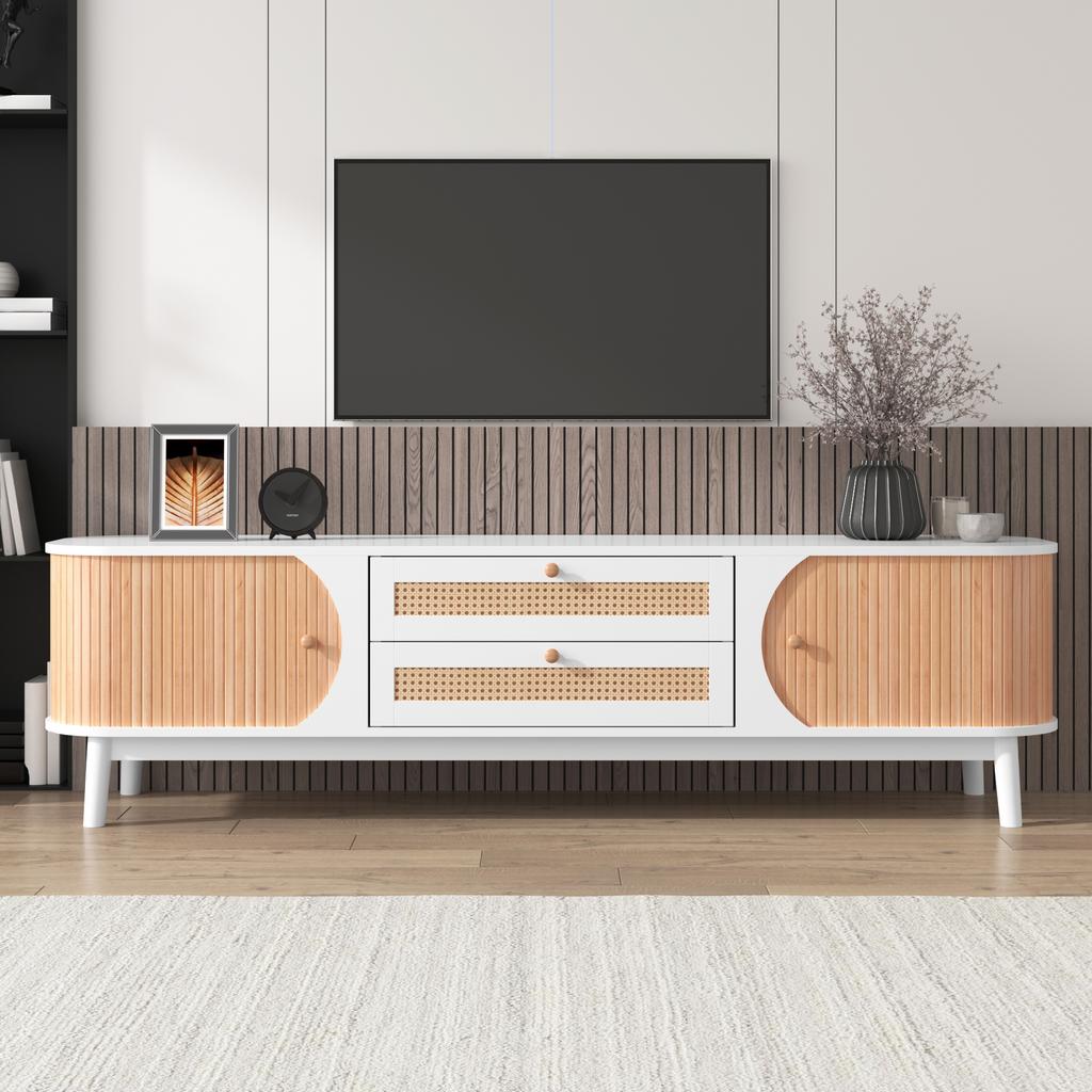 TV Cabinet - Natural Wood Blend TV Cabinet with Doors and Drawers. TV Stand with Rattan Sides. Storage Solution, Natural Country Style.