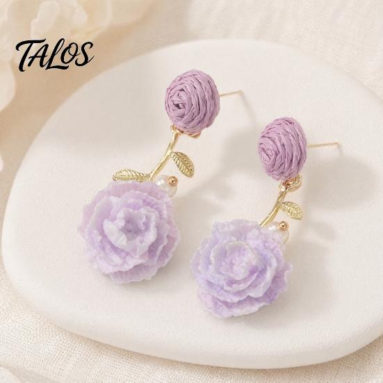 Bohemian Style Earrings 1 Pair Boho Raffia Ball Flower Earrings, Handmade Leaf Romantic Branch Drop Dangle Wedding Bridal Party Jewelry for
