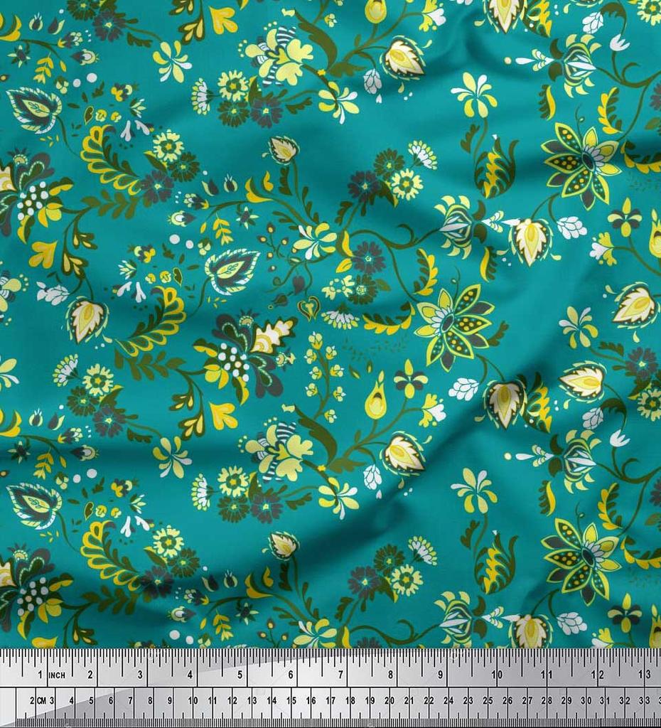 Soimoi Japan Crepe Satin Fabric Leaves & Floral Artistic Decor Fabric Printed Metre 42 Inch