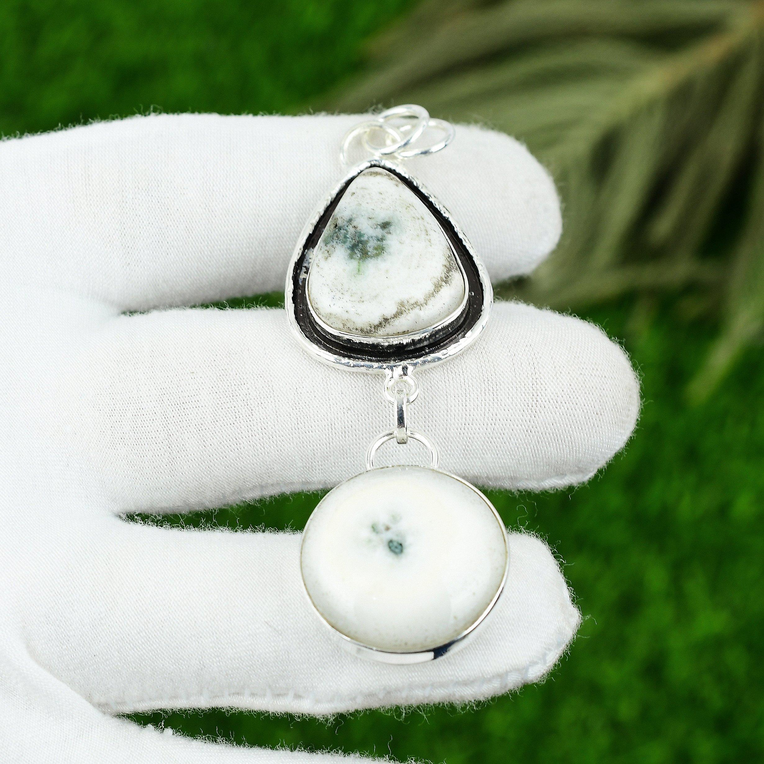 

Natural Solar Moss Opal Gemstone Pendant White 925 Sterling Silver Jewelry