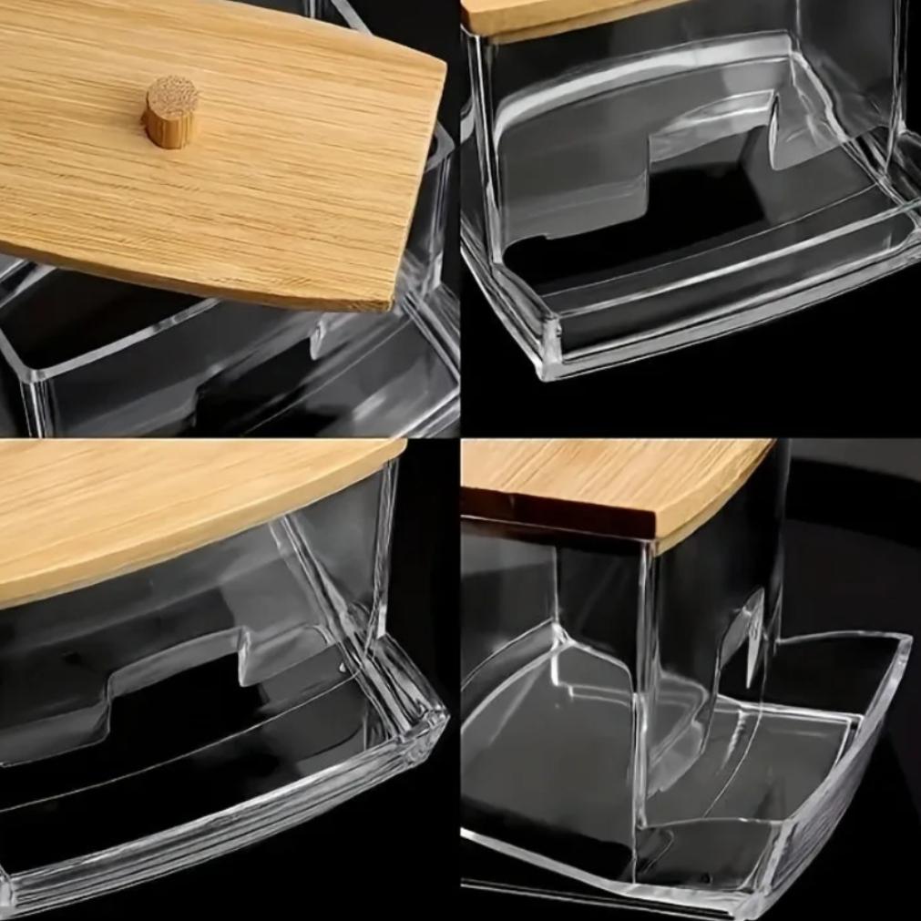 Acrylic Storage Box Bathroom Jar Makeup Organizer Cotton Round Pad Holder Cotton Holder Dispenser with Bamboo Lid Clear Plastic