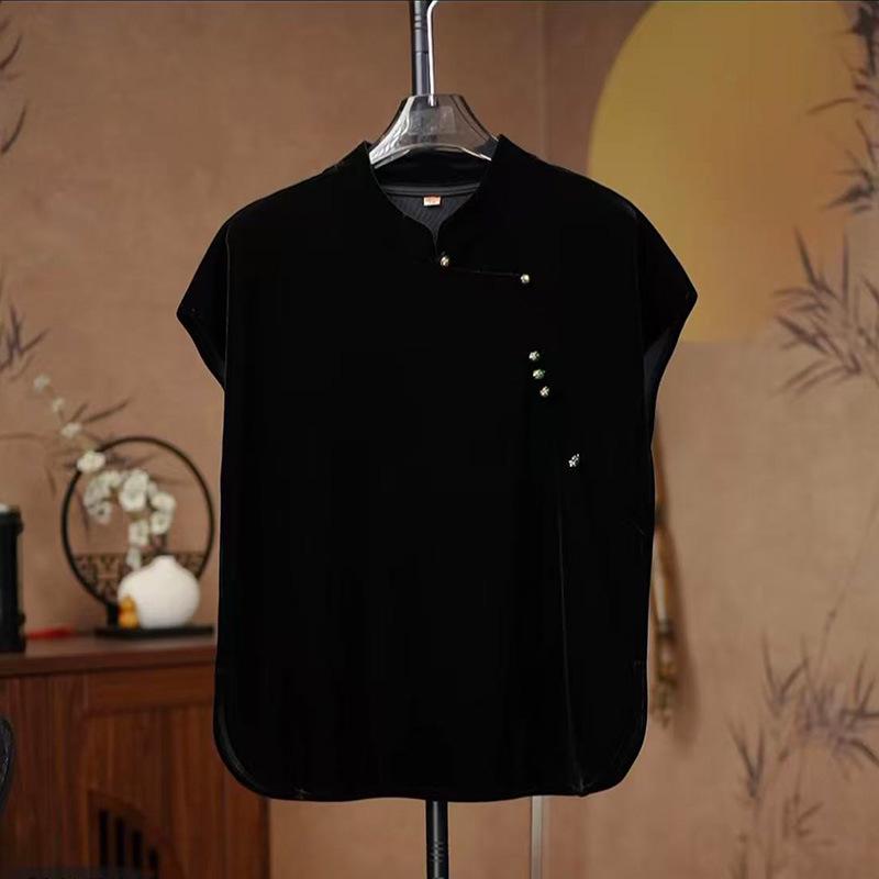 

Gold Velvet Top with Stand Collar and Frog Button Accents 4XL [130-140 lbs]